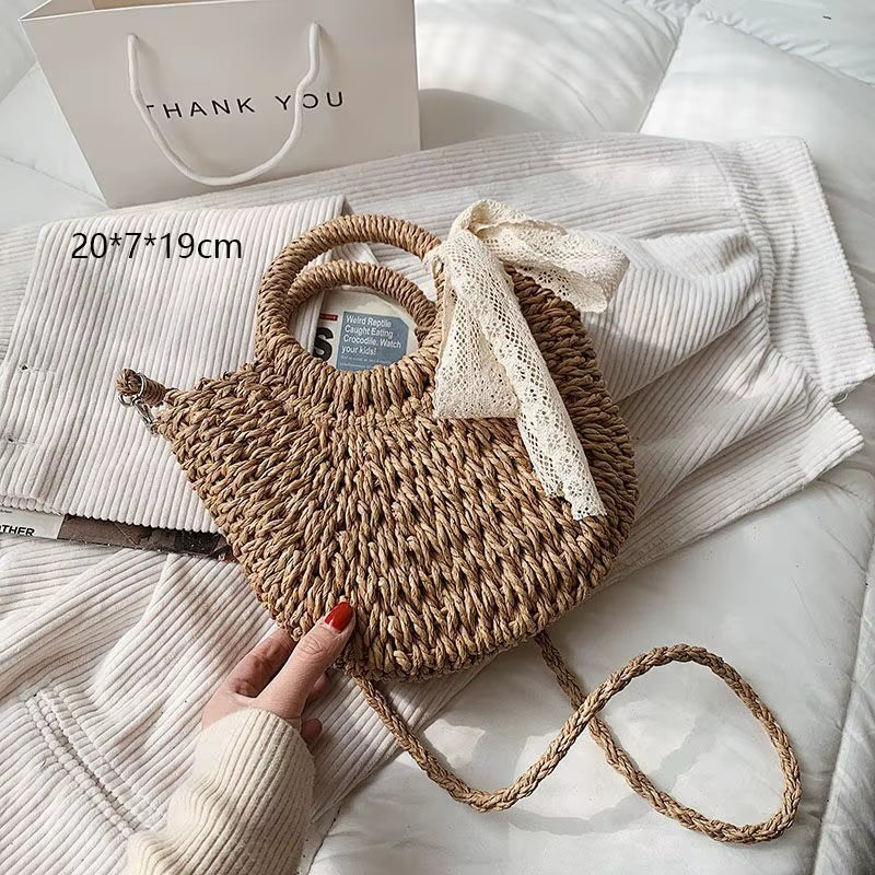 Woven Rattan Bag round Straw Shoulder Bag Small Beach Handbags Women Summer Hollow Handmade Messenger Crossbody Bags