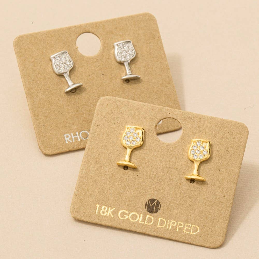 Fame Accessories - Gold Dipped Mini Pave Wine Glass Stud Earrings: G