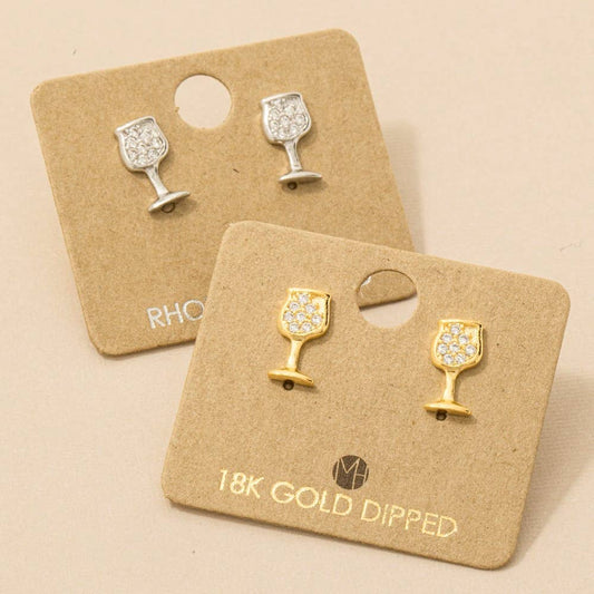 Fame Accessories - Gold Dipped Mini Pave Wine Glass Stud Earrings: G