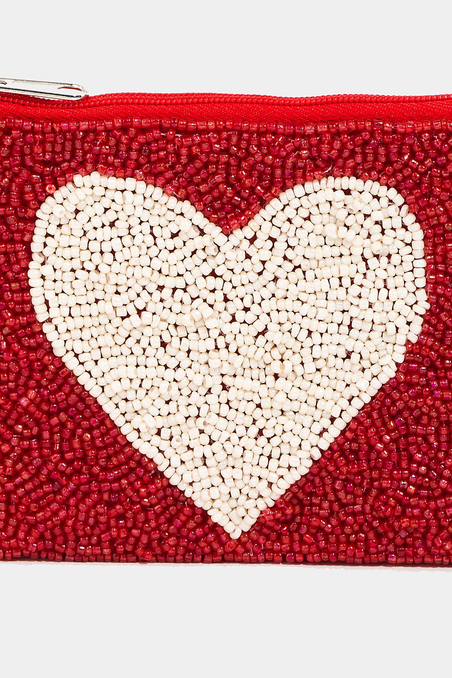 Collections by Fame Accessories - White Heart Seed Beaded Coin Purse: RED