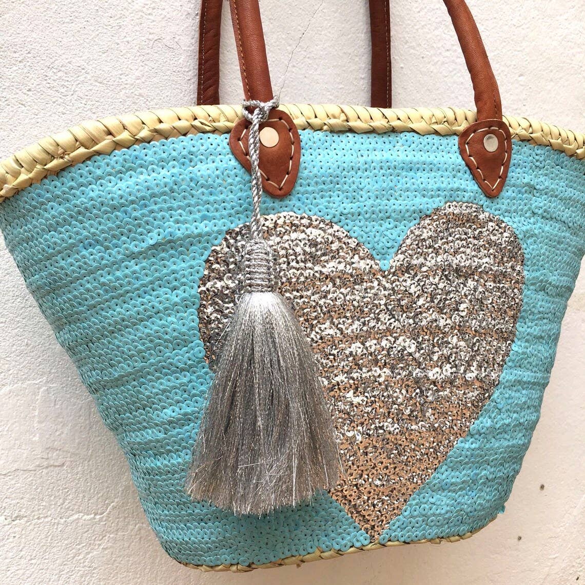HandmadeBestSeller - French Market Basket Bag Sequins Leather Handles