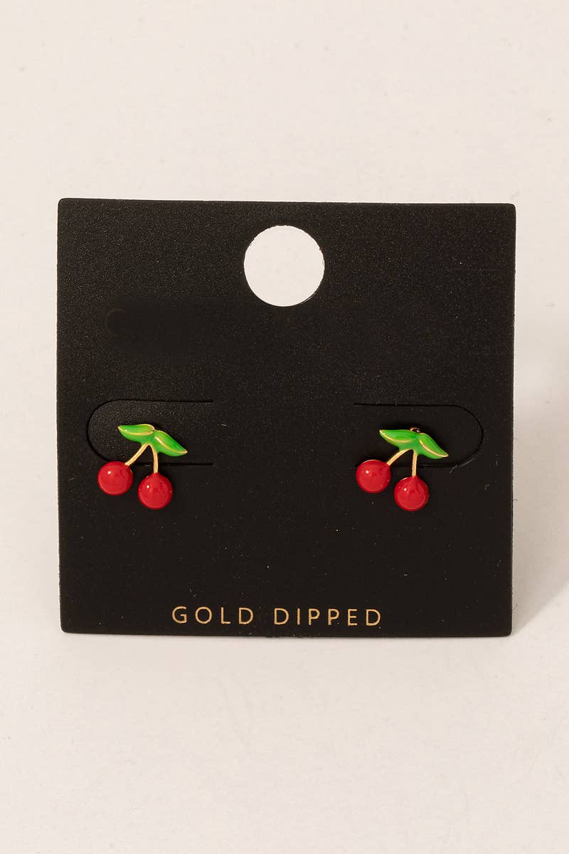 Fame Accessories - Gold Dipped Mini Cherry Stud Earrings: GOLD
