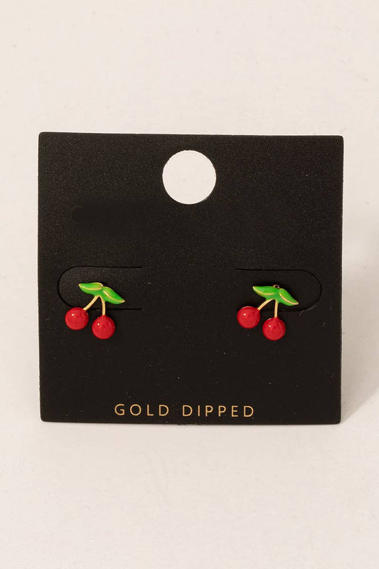 Fame Accessories - Gold Dipped Mini Cherry Stud Earrings: GOLD