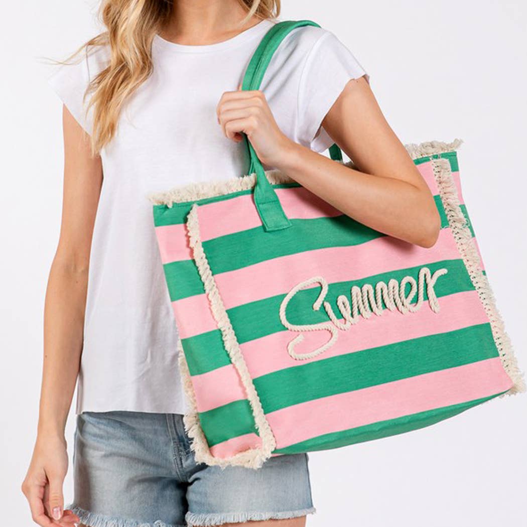 SEWN ROPE SUMMER LETTER FRINGE STRIPED TOTE BAG.