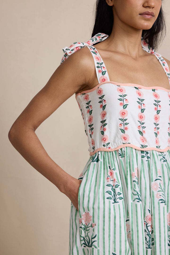 Rosa Clothing - 2025 Hanakotoba Floral flare swing dress w bow tie straps: Green / M