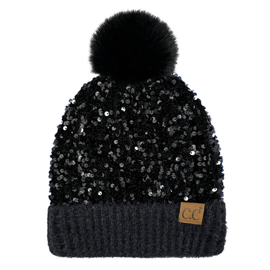 Truly Contagious - CC Sequin Fur Pom Beanie ( HTE0012 ) ( HTE0017 ): Black
