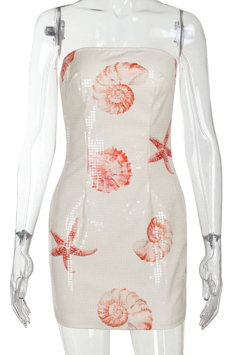 Mccolin - Strapless Starfish Print Dress: BEIGE / M