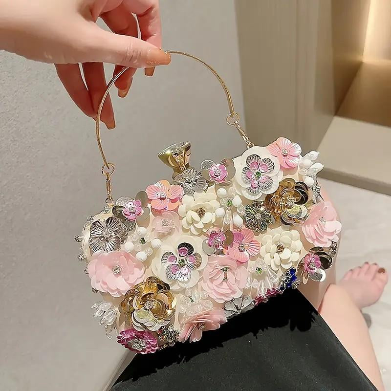 Flower Decor Shoulder Bag-Faux Pearl Clutch for Cheongsam,Ladies Handbag,Bridesmaid Purse & Sequin Beaded Party Bag-Elegant Designer Handbags