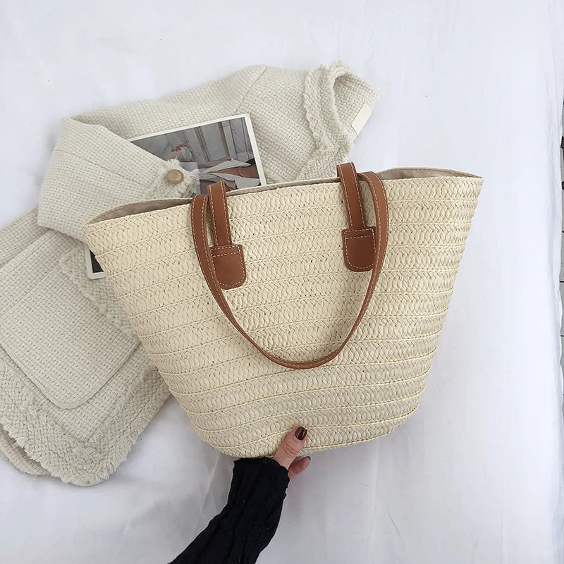 Large Capacity Summer Tote Bags For Women Lemon Pattern Embroidered Straw Bag Bohemian Beach Party Big Handbags Shoulder Bag