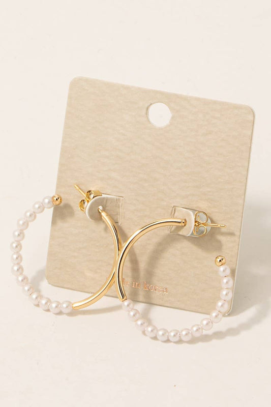 Fame Accessories - Pearl Beaded Metallic Hoop Earrings: G