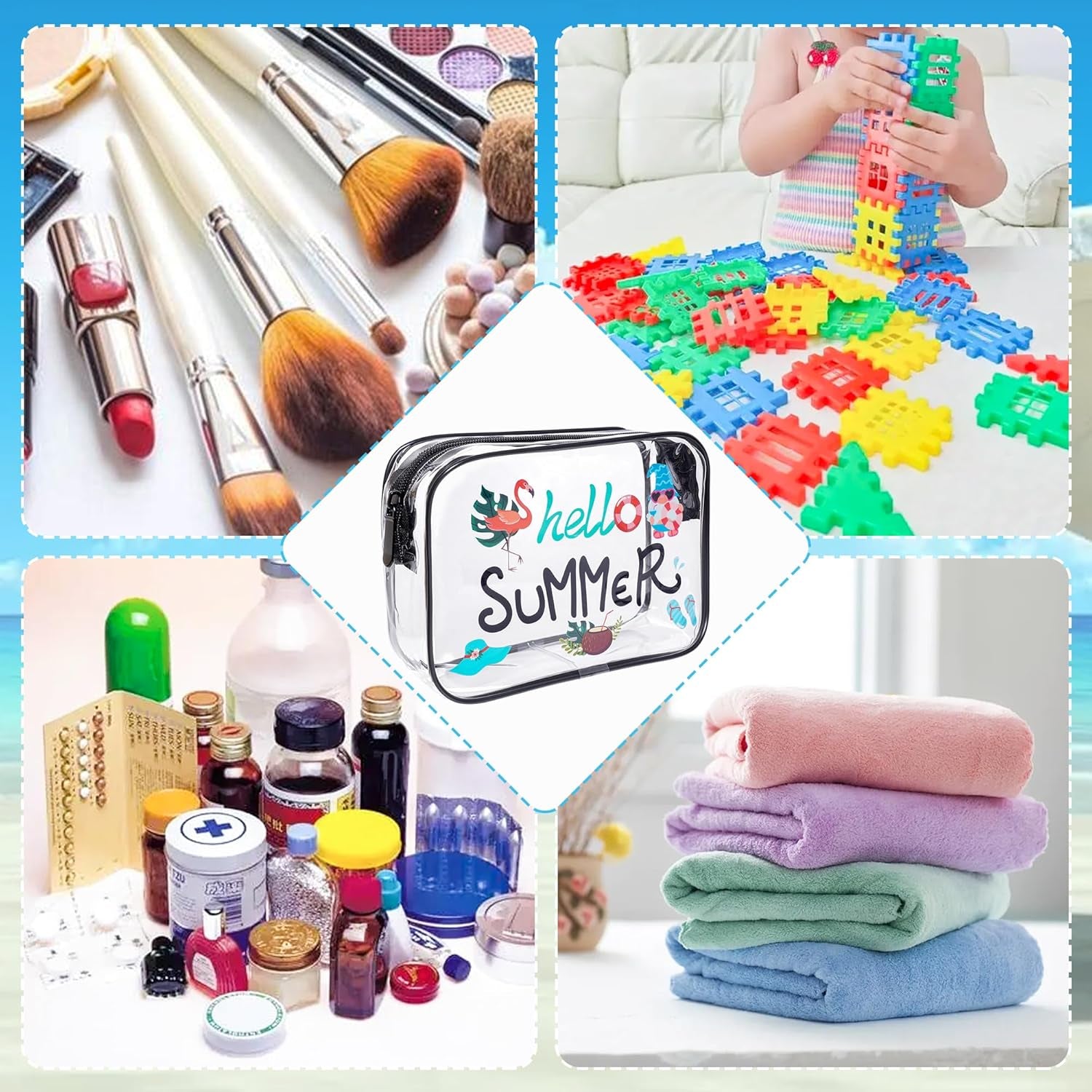 4Pcs Beach Clear Makeup Bags for Women Summer Beach Survival Kit Cosmetic Bags Waterproof PVC Toiletry Bags Portable Seaside Travel Pouch with Zipper for Lady Girls Summer Travel Vacation