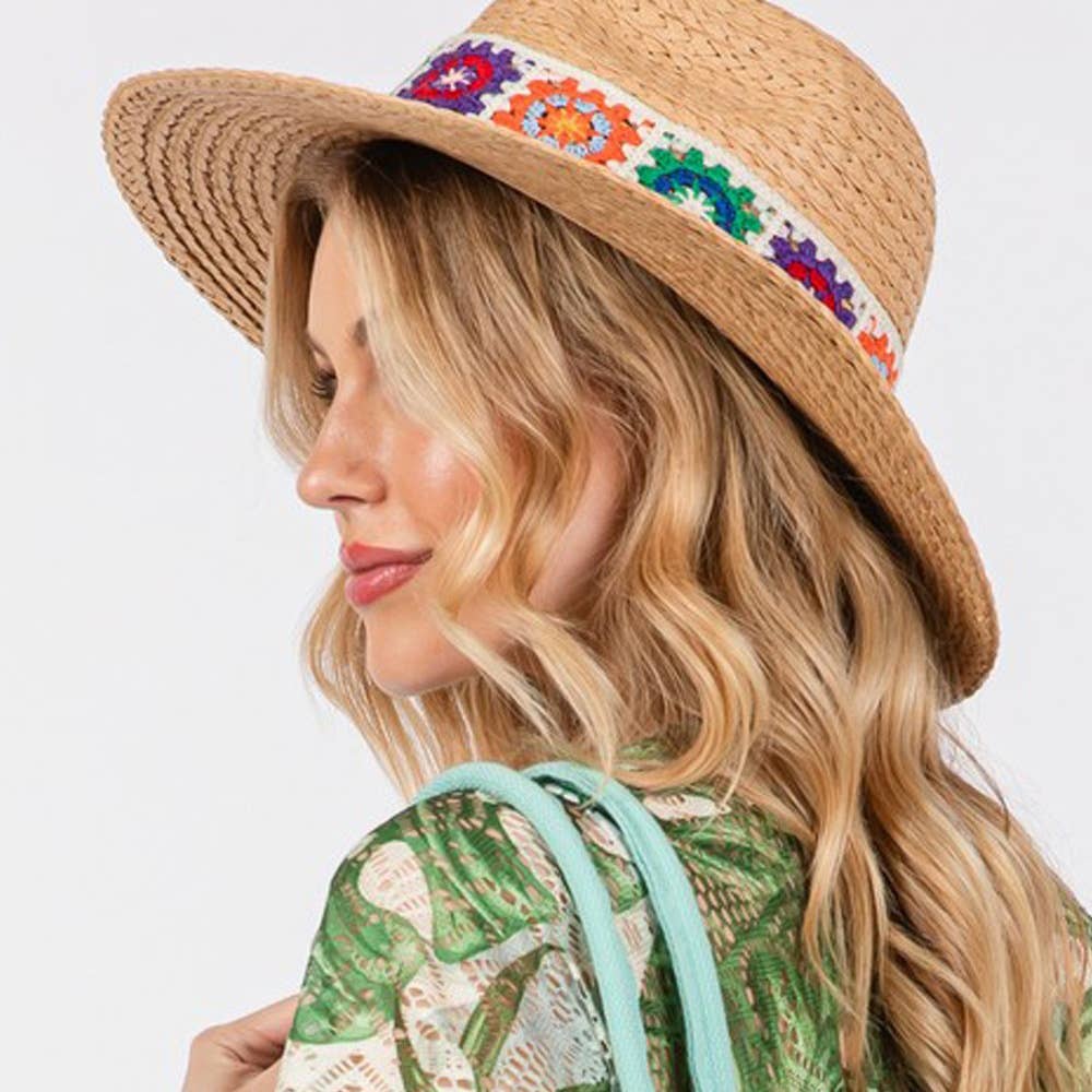 Sensibling Corp. - Floral Crochet Band Straw Hat
: White