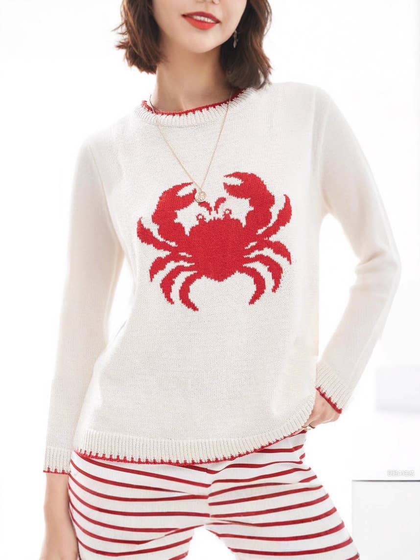 Lily Clothing - Lobster jacquard round-neck pullover sweater: DARKBLUE / (M) 1
