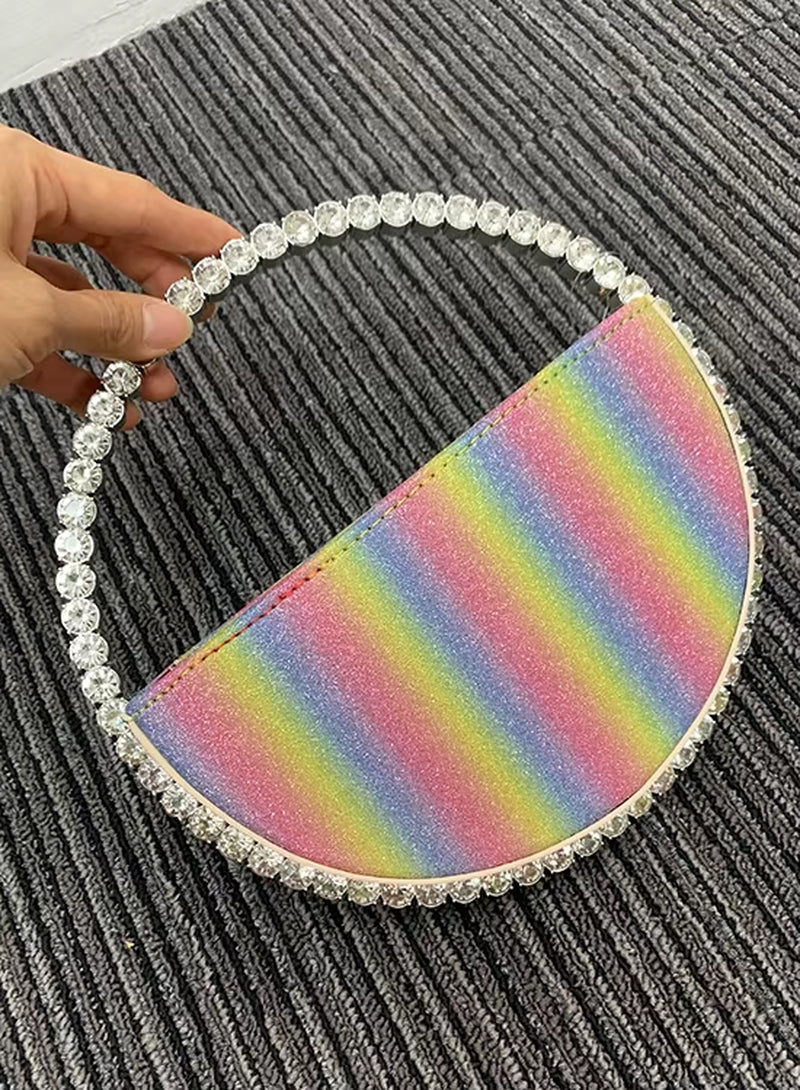 Round Shaped Evening Diamond Clutch Bags for Women Designer Chic Metal Handle Shiny Sequins Purse Female Wedding Handbags