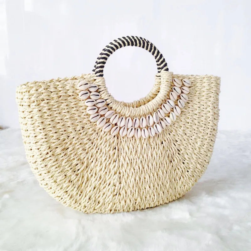 Women's Handbag Handmade Drawstring Straw Bag Summer Woven Shell Large Capacity Beach Bag Bohemia Female Knitted Top-Handle Tote