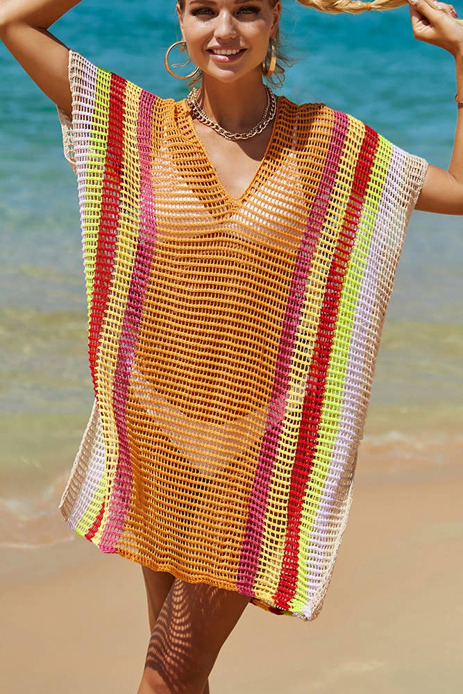 UNISHE - Rainbow Colorblock Splicing Beach Cover Up JYYS143: Pink / One Size