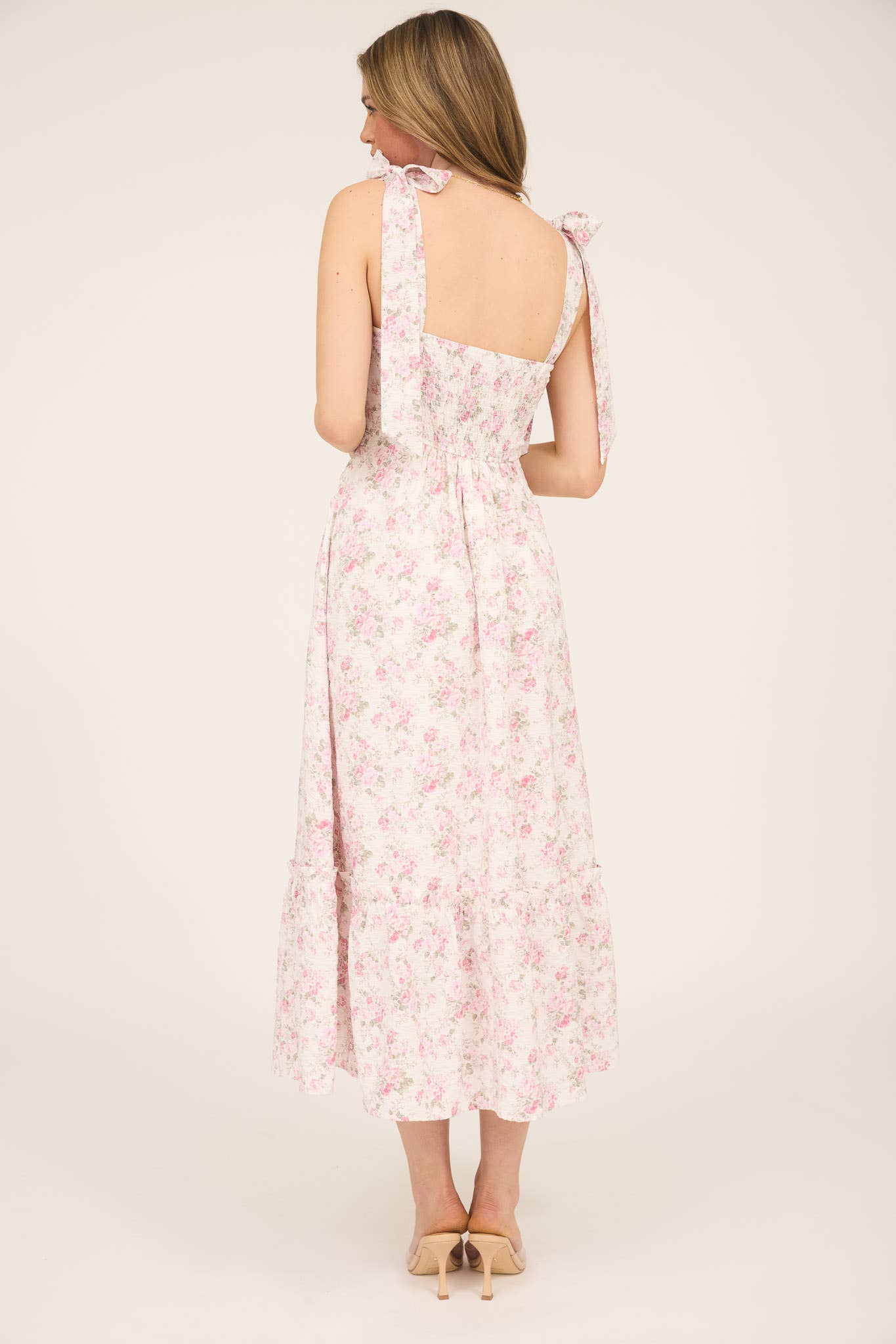 Blu Pepper - FLORAL TIE STRAP RUCHED DETAIL MAXI DRESS: PINK MULTI