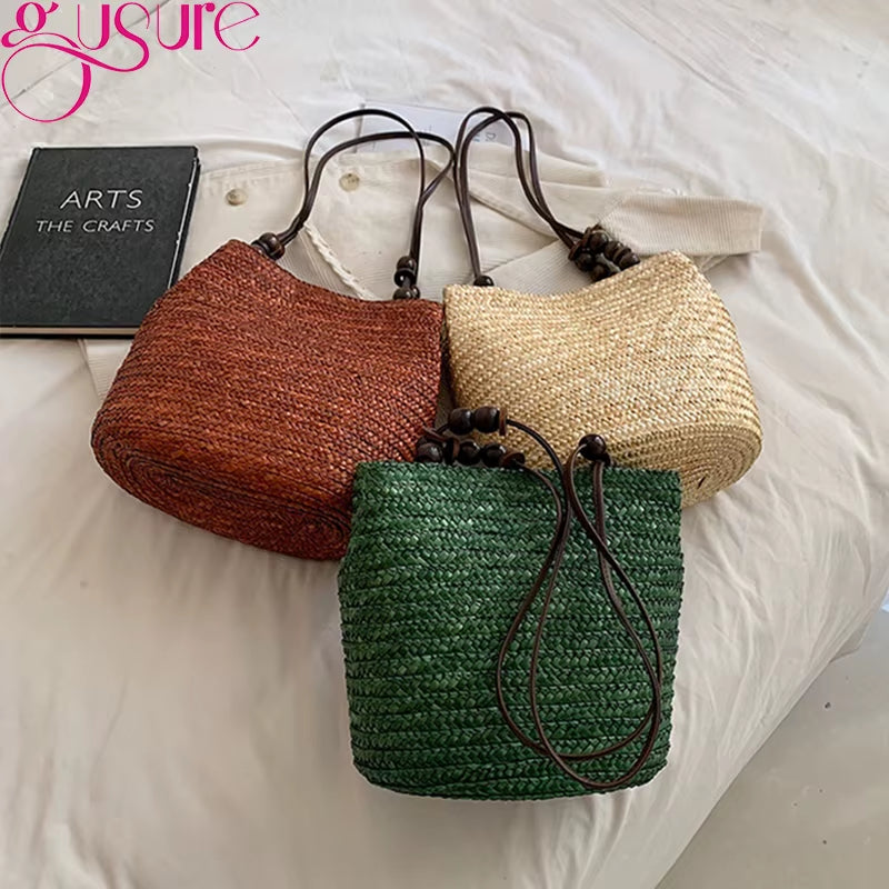 Woven Rattan Bag round Straw Shoulder Bag Small Beach Handbags Women Summer Hollow Handmade Messenger Crossbody Bags