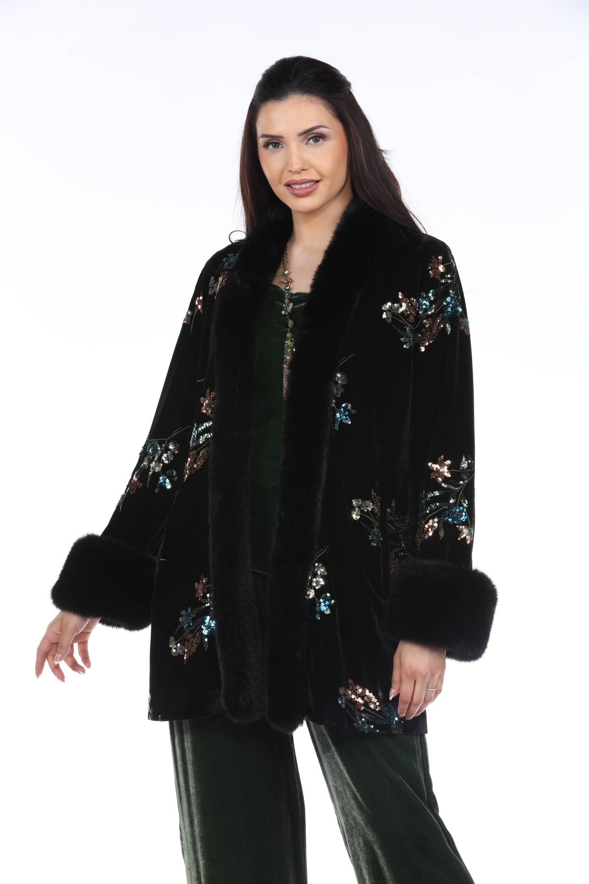 Aris A - Velvet Embroidered Coat with Faux Fur Trim: M