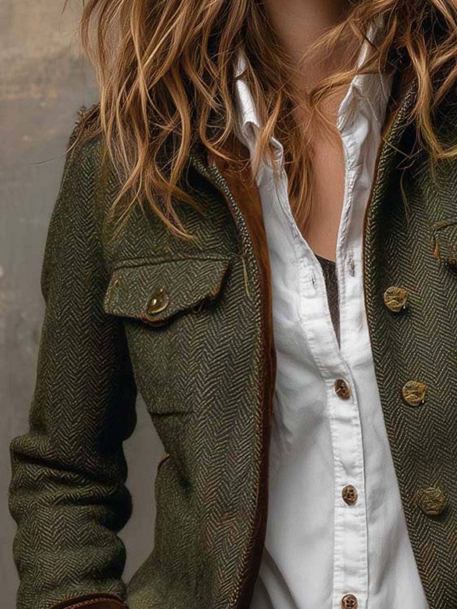 Suhkasana - Women Herringbone Tweed Blazer Velvet Trim Vintage Jacket: Army Green / S