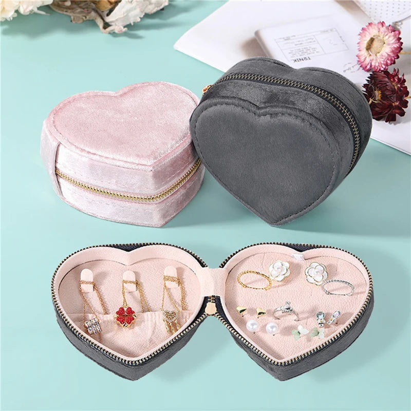 Heart Shape Jewelry Boxes Velvet Jewelry Case For Earrings Necklace Zippered Jewelry Boxes Household Clothing Accessory