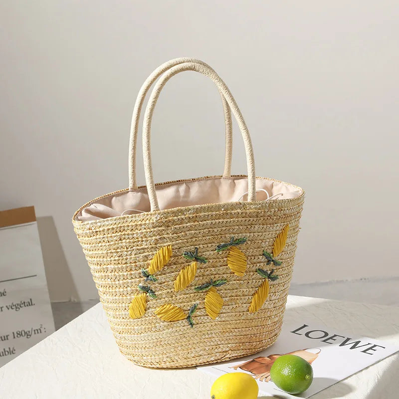Large Capacity Summer Tote Bags For Women Lemon Pattern Embroidered Straw Bag Bohemian Beach Party Big Handbags Shoulder Bag