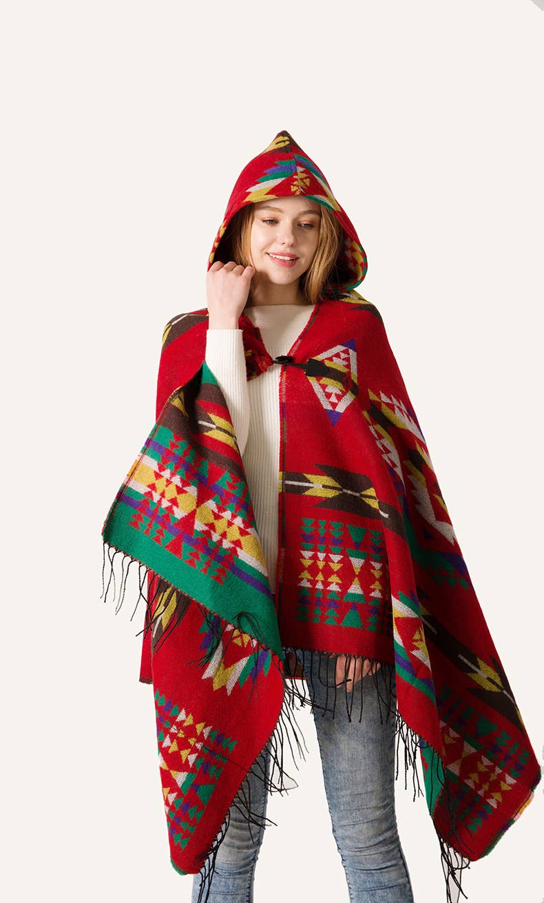 HIDDENBRAND - Boho aztec hooded poncho with toggle closure: Red / M