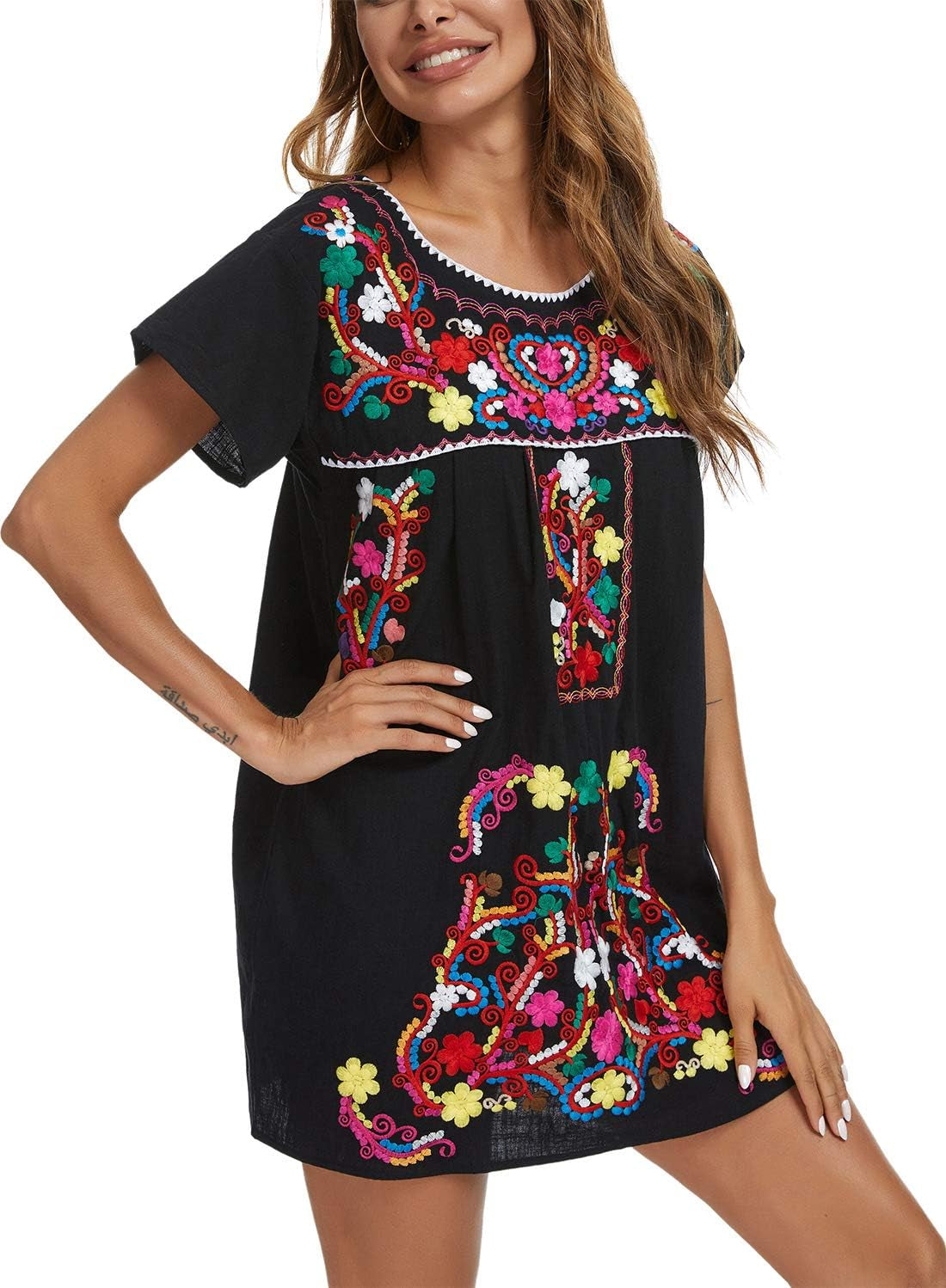 Vibrant Women's Short Sleeve Mexican Embroidered Dress