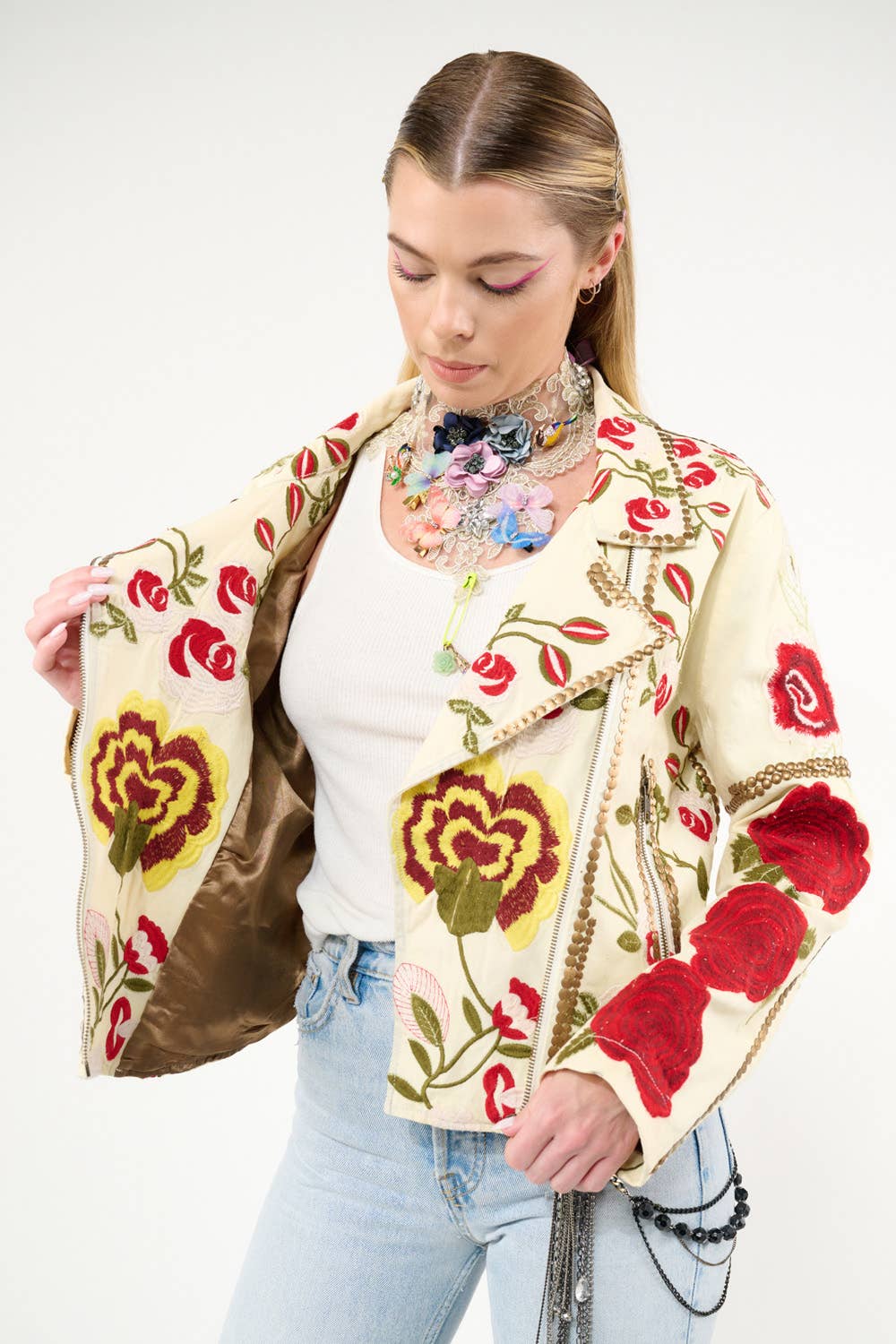 Aratta - Carmen Embroidered Denim Motorcycle Jacket: Ivory / M