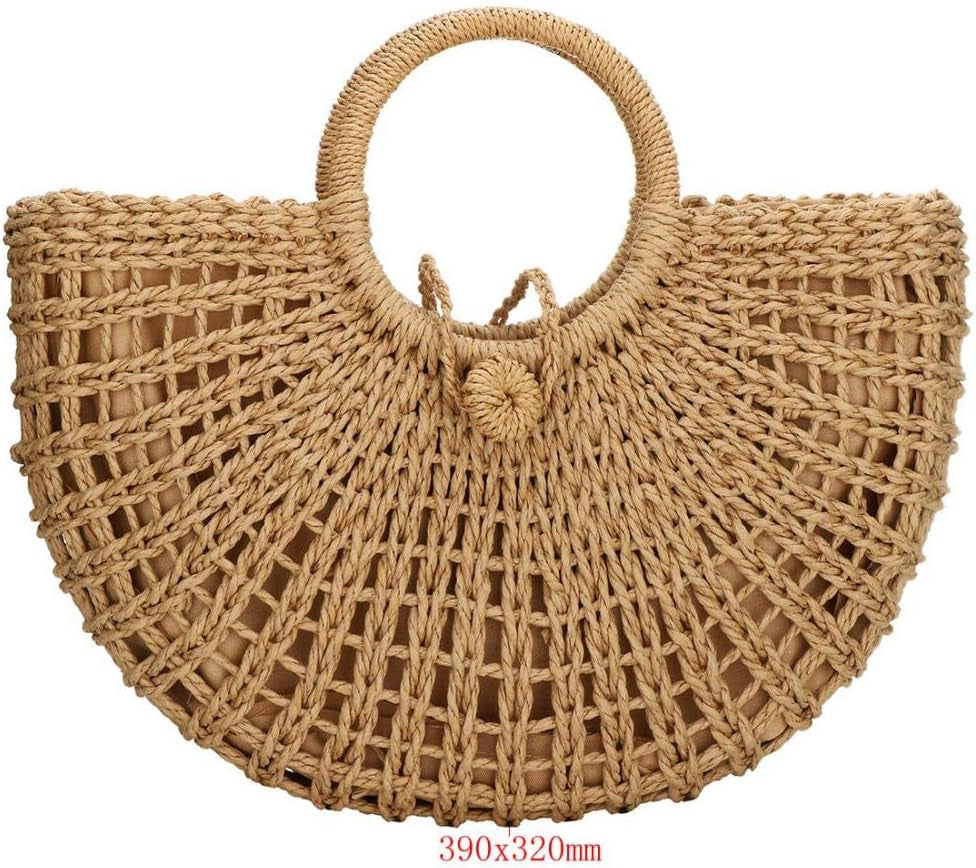 Straw Bags for Women,Hand-Woven Straw Top-Handle Bag with round Ring Handle Summer Beach Rattan Tote Handbag