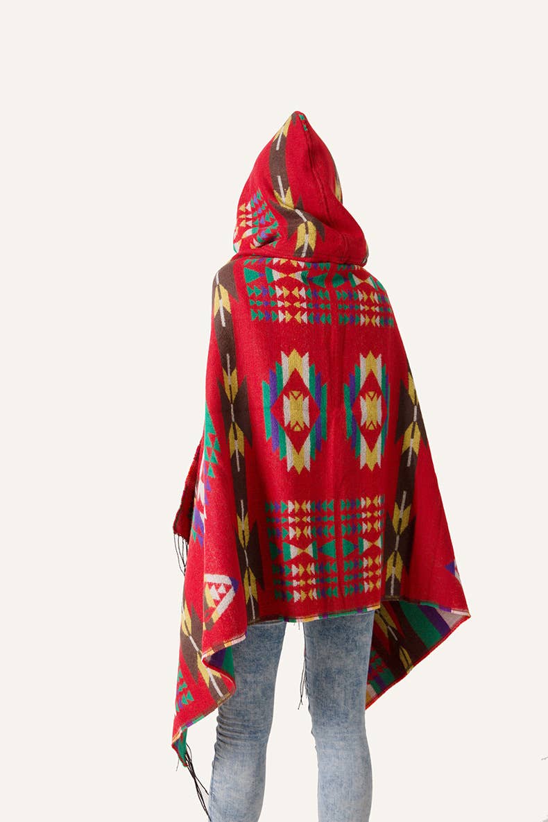 HIDDENBRAND - Boho aztec hooded poncho with toggle closure: Red / M