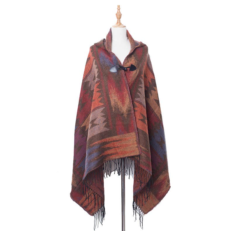 HIDDENBRAND - Boho aztec hooded poncho with toggle closure: Red / M