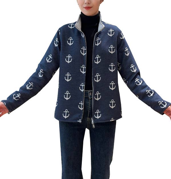 Winding River - Navy / White Anchors Zipper Sweater: S