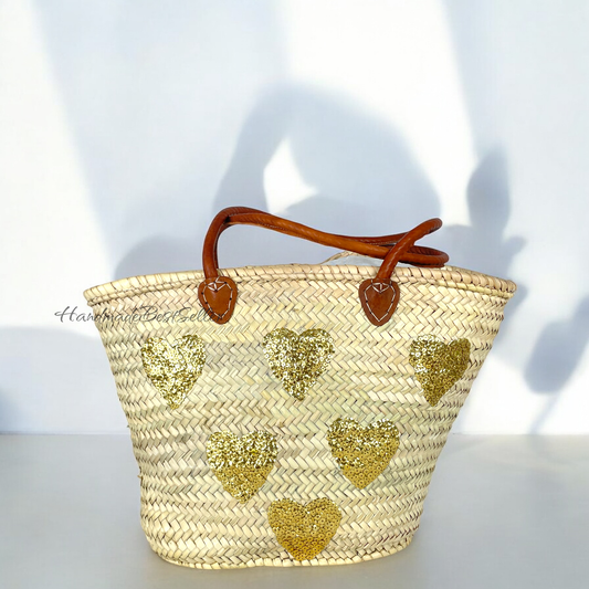 HandmadeBestSeller - Straw Bag with Leather Handles and Heart Sequin Design