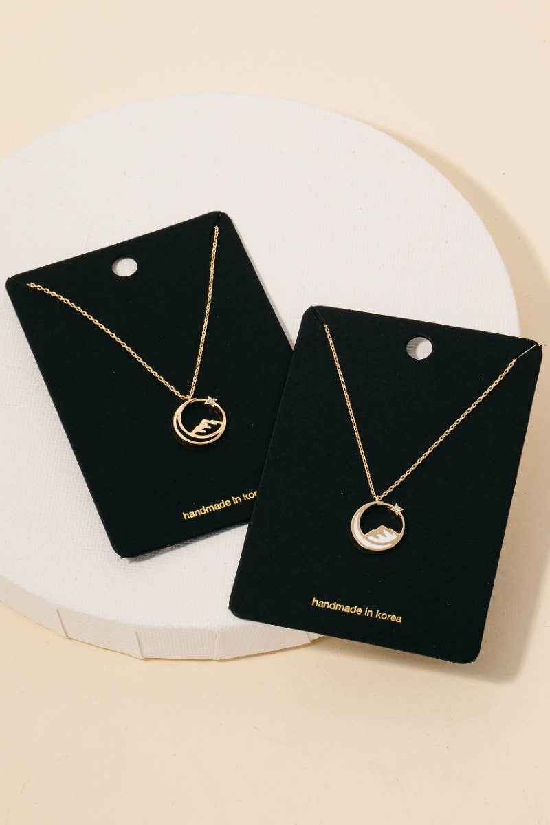 Fame Accessories - Enamel Moon Mountain And Cz Star Pendant Necklace: BK