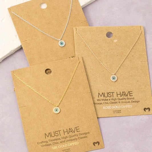 Fame Accessories - Gold Dipped Cz Trim Evil Eye Coin Necklace: GD