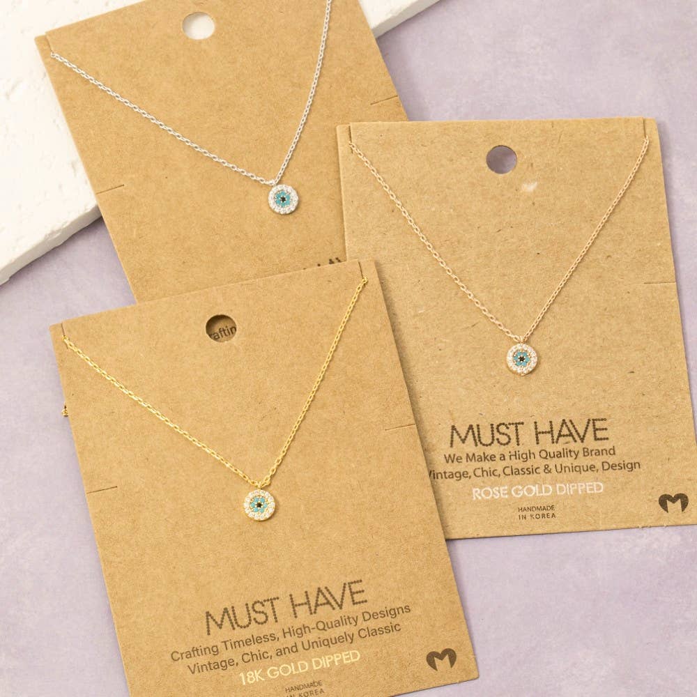 Fame Accessories - Gold Dipped Cz Trim Evil Eye Coin Necklace: SL