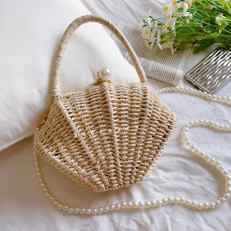 Shell Rattan Straw Woven Diagonal Cross Small Bag, Cute Fairy Change, Mobile Phone, Fashionable Woven Beach Bag