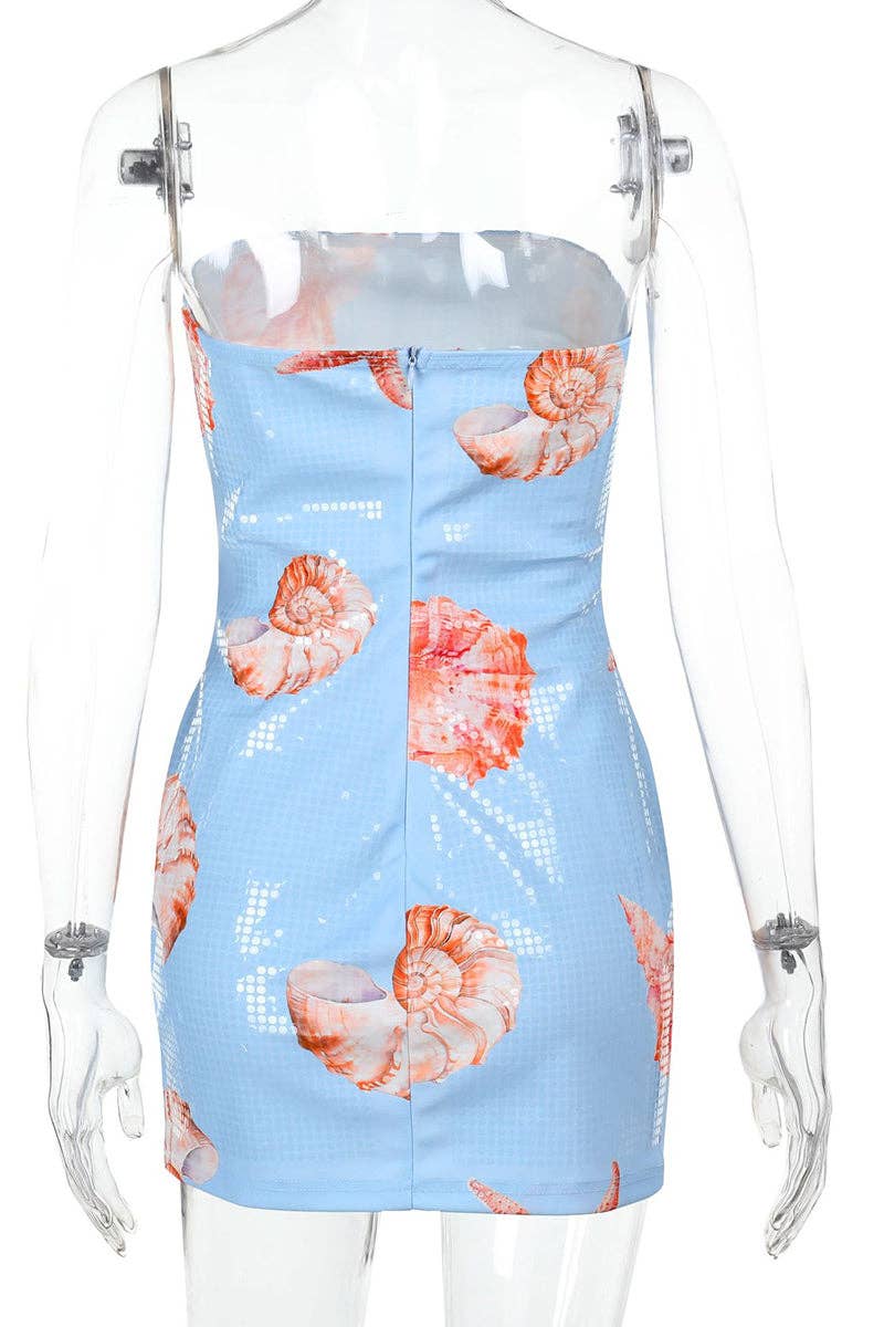 Mccolin - Strapless Starfish Print Dress: LIGHT BLUE / S