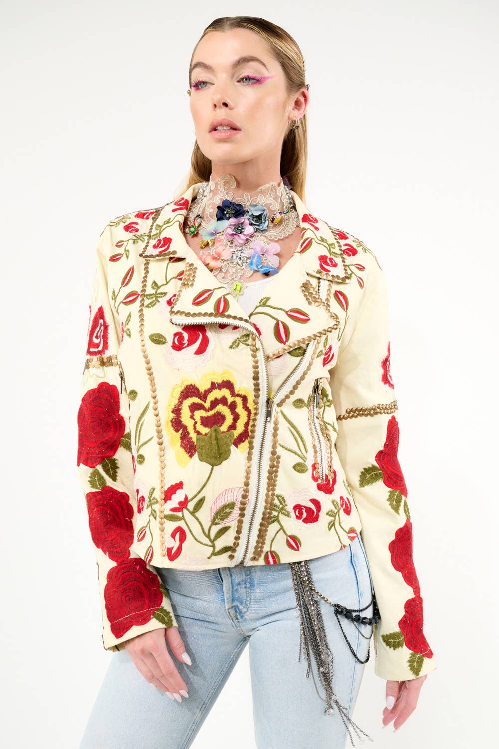Aratta - Carmen Embroidered Denim Motorcycle Jacket: Ivory / M