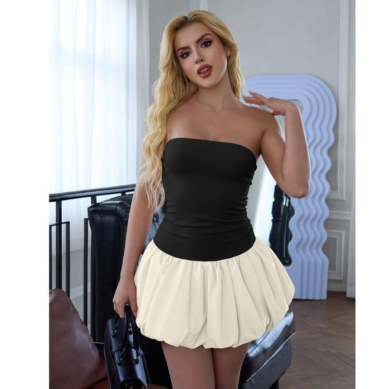 OYS Women'S Sexy Summer Tube Strapless Sleeveless Ruched Bubble Ruffle Cute Club Party Dress