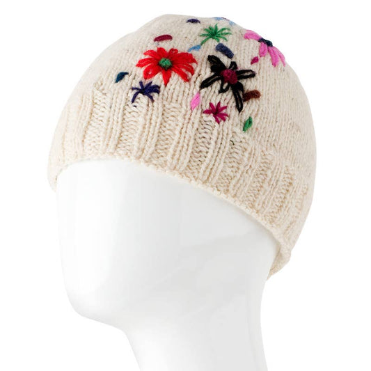 Benjamin International - Knit Hat With Flowers: OFF WHITE