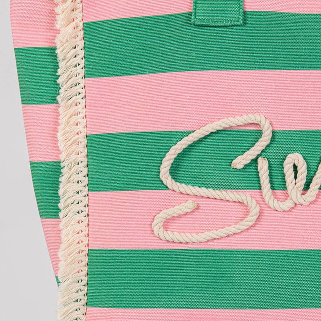 SEWN ROPE SUMMER LETTER FRINGE STRIPED TOTE BAG.