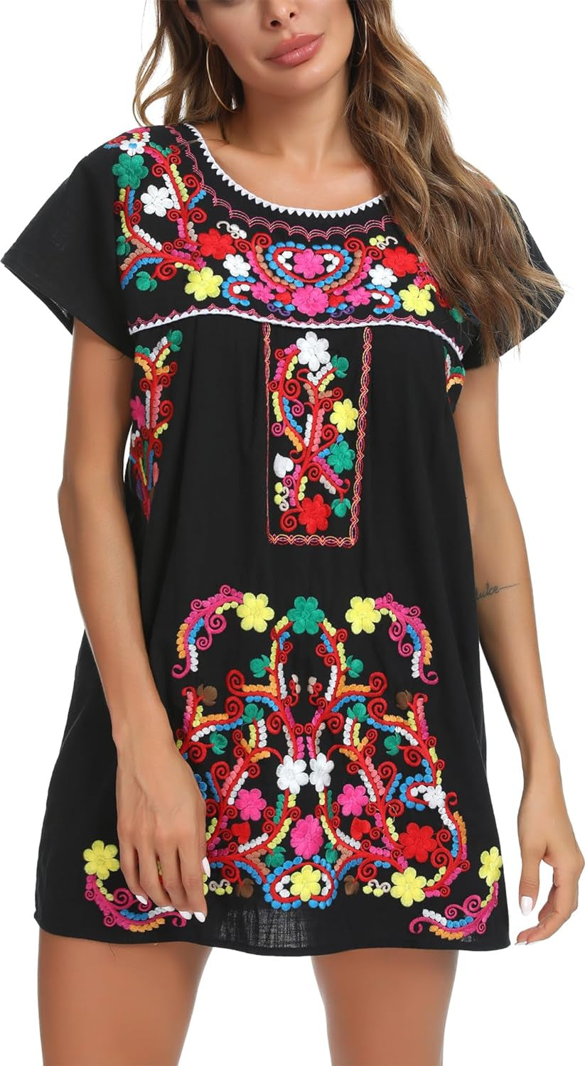Vibrant Women's Short Sleeve Mexican Embroidered Dress