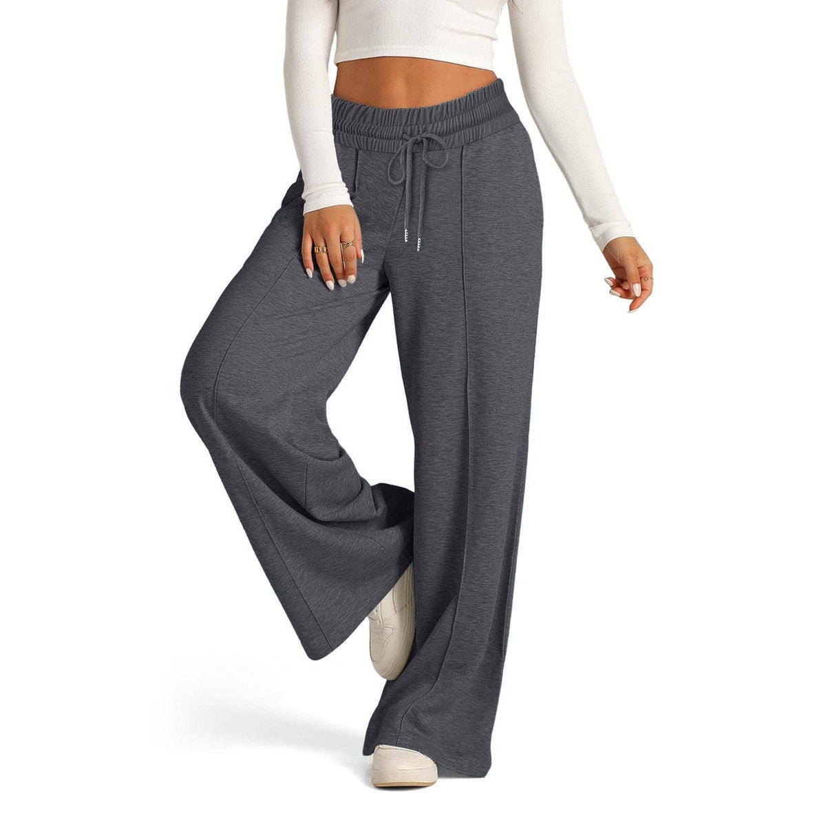 Suhkasana - Women's High Waisted Wide Leg Drawstring Casual Pants: Black / S