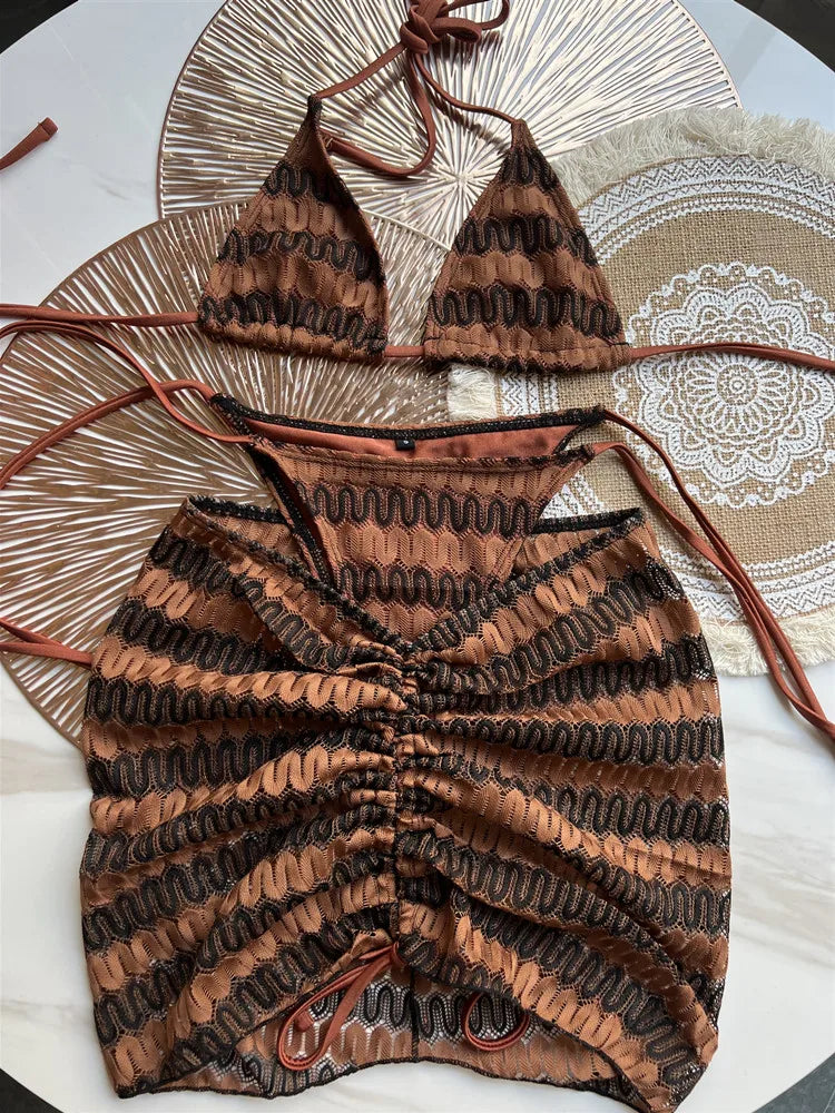 Women Swimsuit Colored Maple Leaves Knitted Bikini Skirt Three-Piece Set Split Swimsuit Bikini