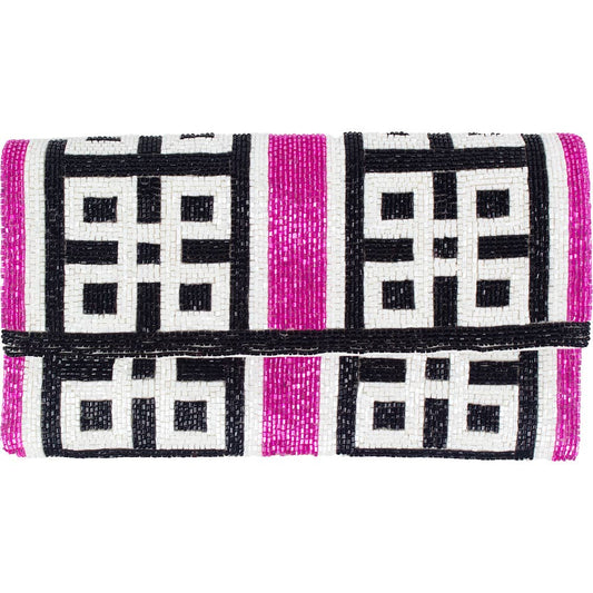 BLACK WHITE PINK GEOMETRIC BEADED CLUTCH