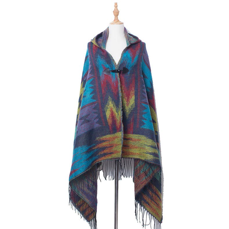 HIDDENBRAND - Boho aztec hooded poncho with toggle closure: Red / M