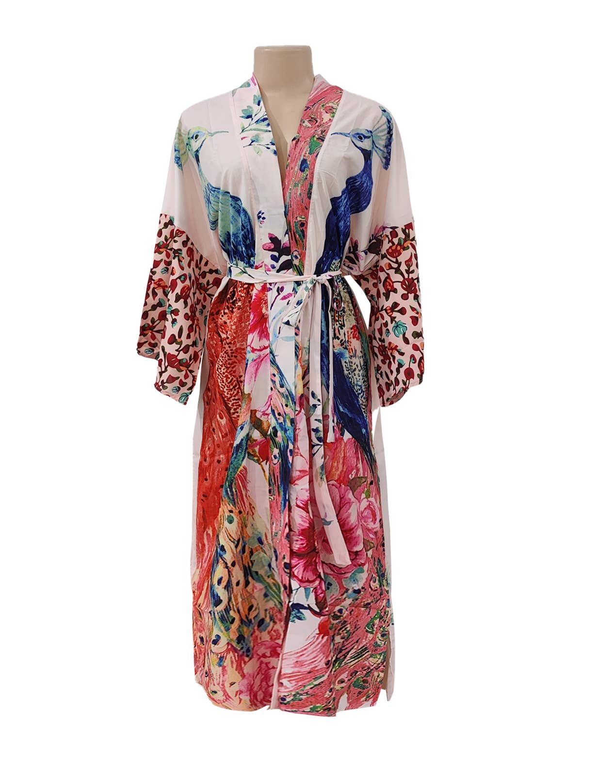 Rosa Clothing - Retro Oriental Peacock Kimono Beach CoverUp Lounge Robe: White / M