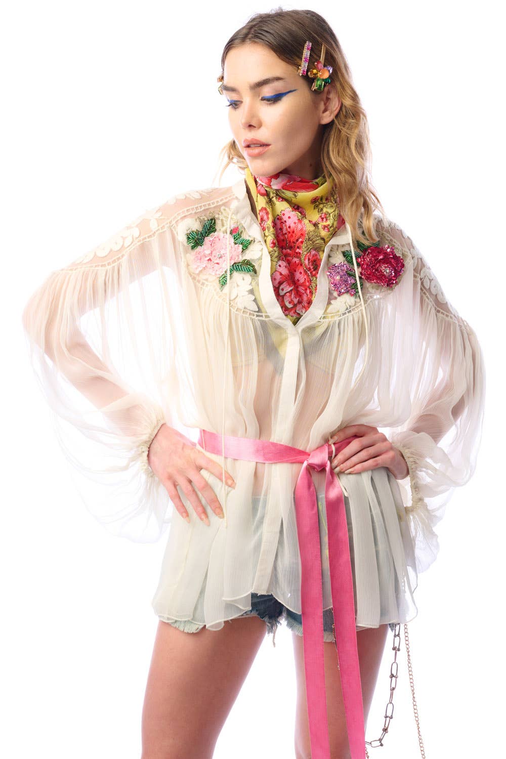 Aratta - Amora Chiffon Hand - Embellished Blouse / Top : Ivory / M